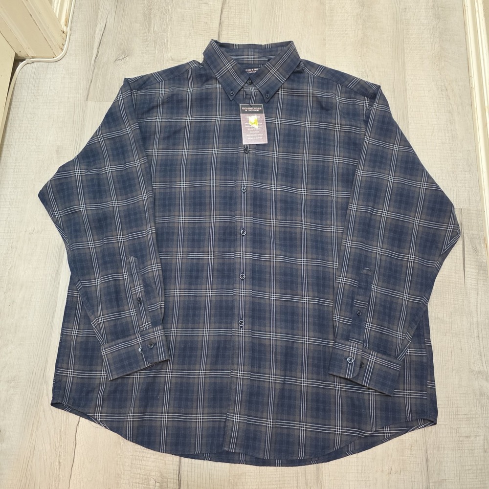 NWT Roundtree &‎ Yorke Mens 2XL Plaid Long Sleeve Button Front Shirt Blue Cotton